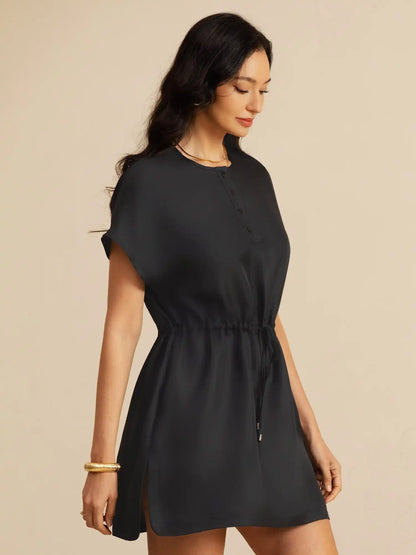 Clearance - 100% Mulberry Silk Henley Neck Cap Sleeve Short Dress With Drawstring