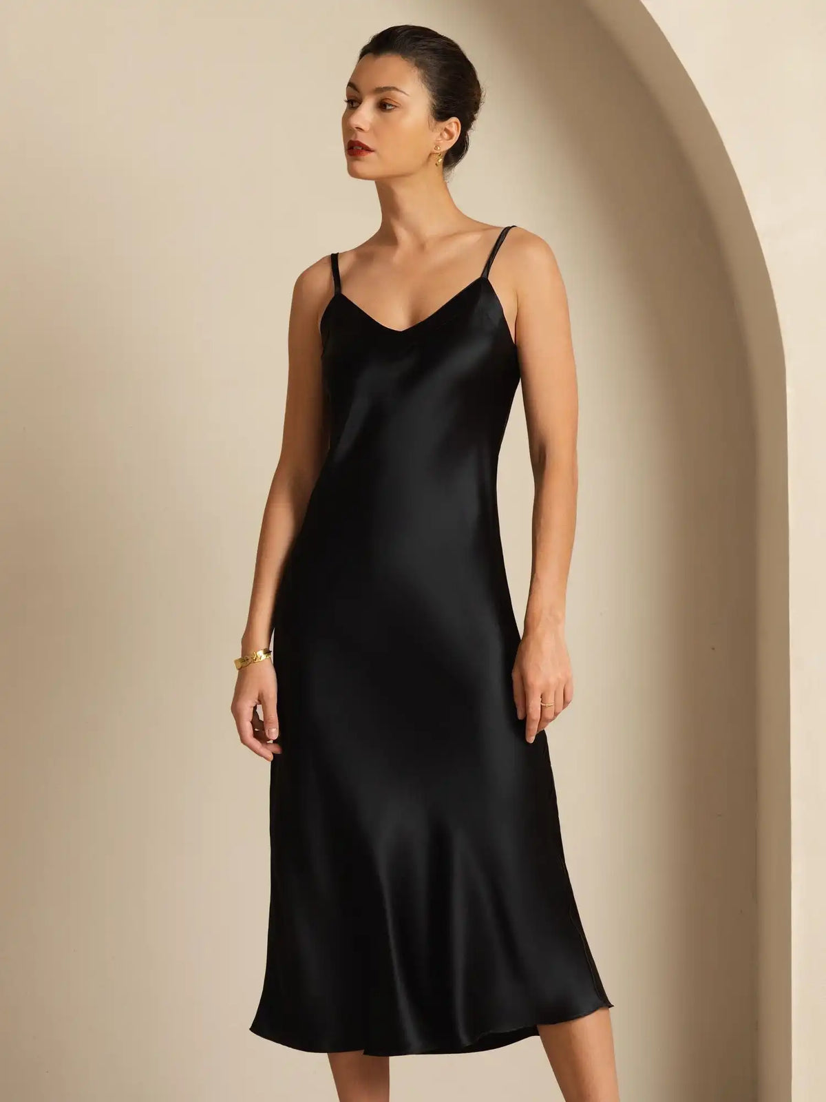 Pure Silk  V Neck Backless Spaghetti Strap Long Dress