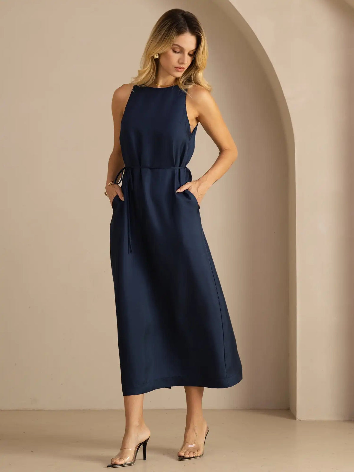 100% Mulberry Silk Crew Neck  Sleeveless Self-Tie Midi Dress