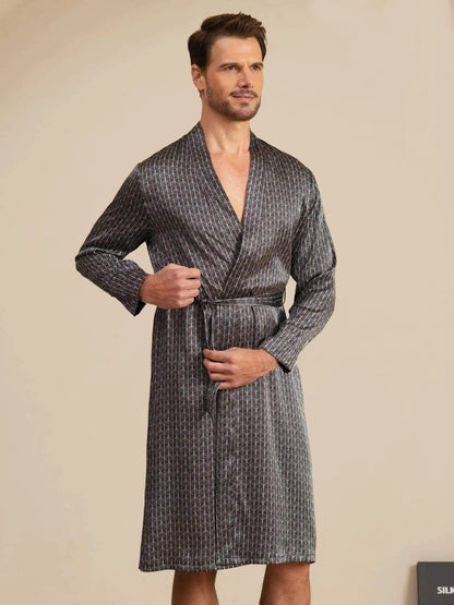 100% Mulberry Silk Men’s Knee Length Ginkgo Printed Robe With Belted Design