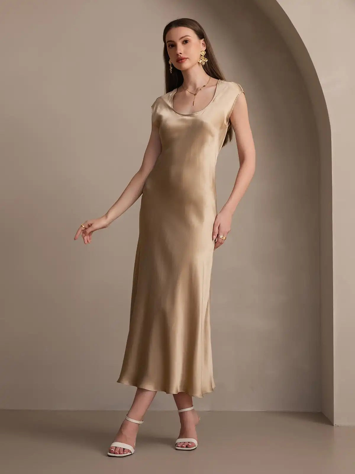 19Momme Silk Cap Sleeve Round Neck Midi Dress