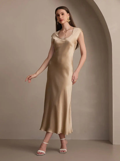 19Momme Silk Cap Sleeve Round Neck Midi Dress