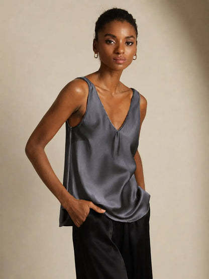 19Momme Silk Sleeveless V Neck Women's Tank Top with V Back Design