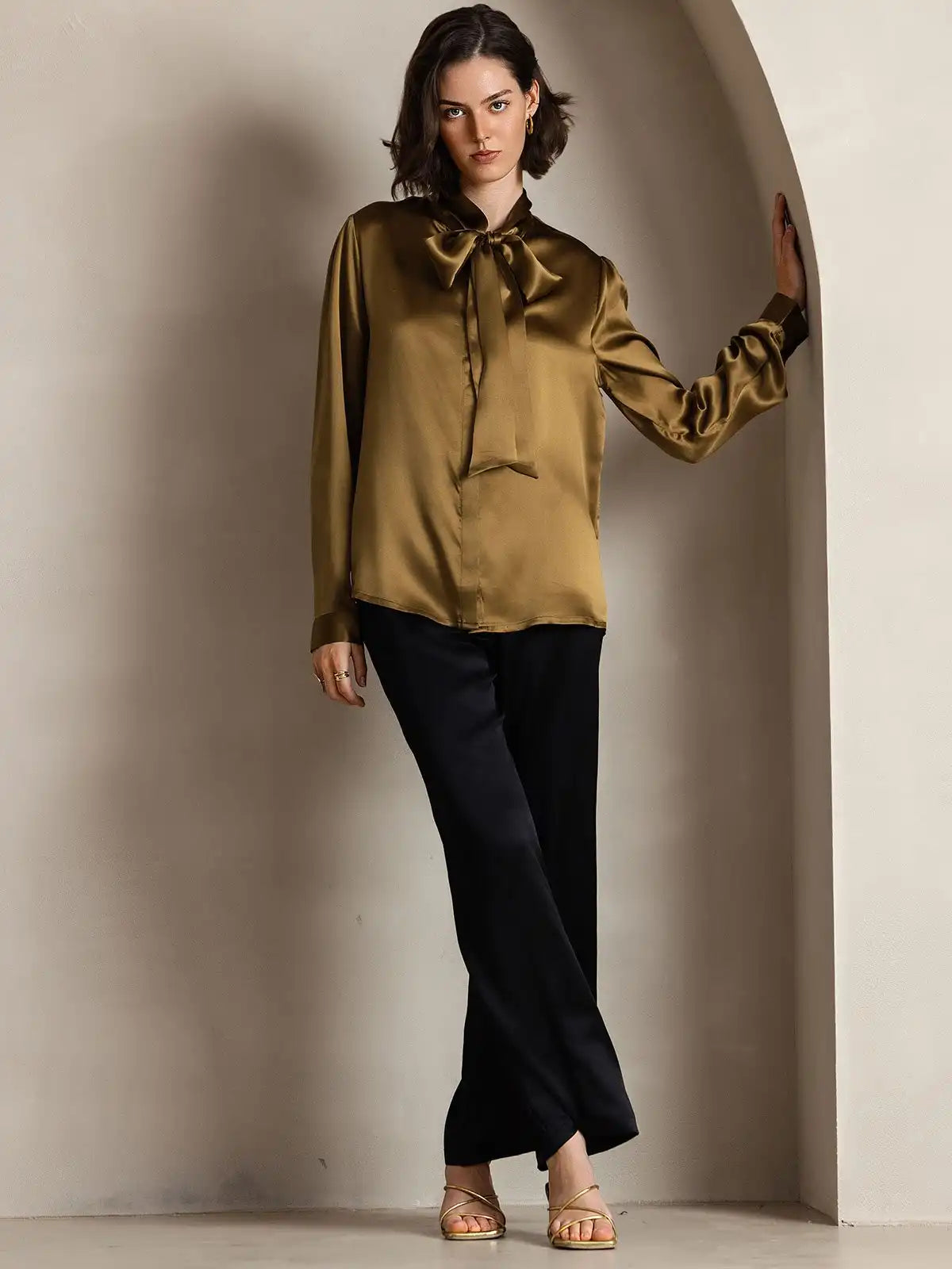 Elegant 19Momme Silk Long Sleeve Tie Neck Blouse