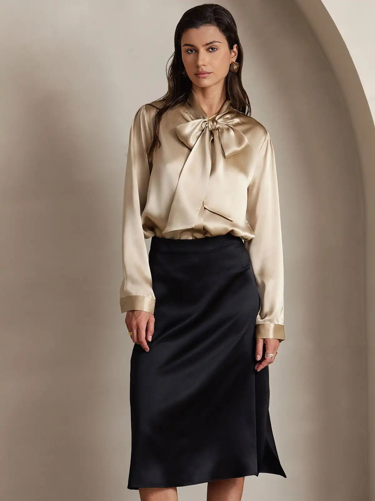 Clearance - Elegant 19Momme Silk Long Sleeve Tie Neck Blouse