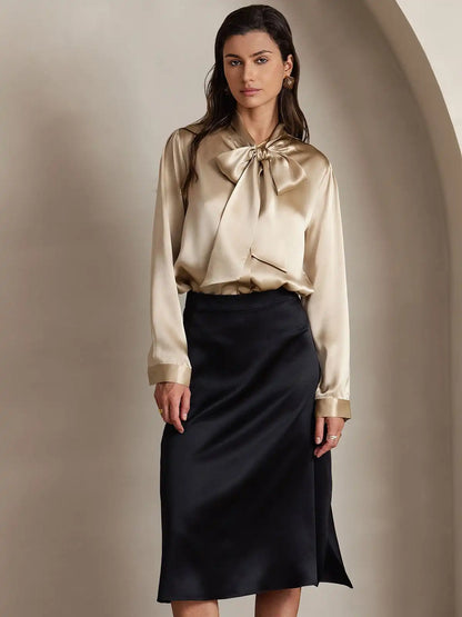 Clearance - Elegant 19Momme Silk Long Sleeve Tie Neck Blouse