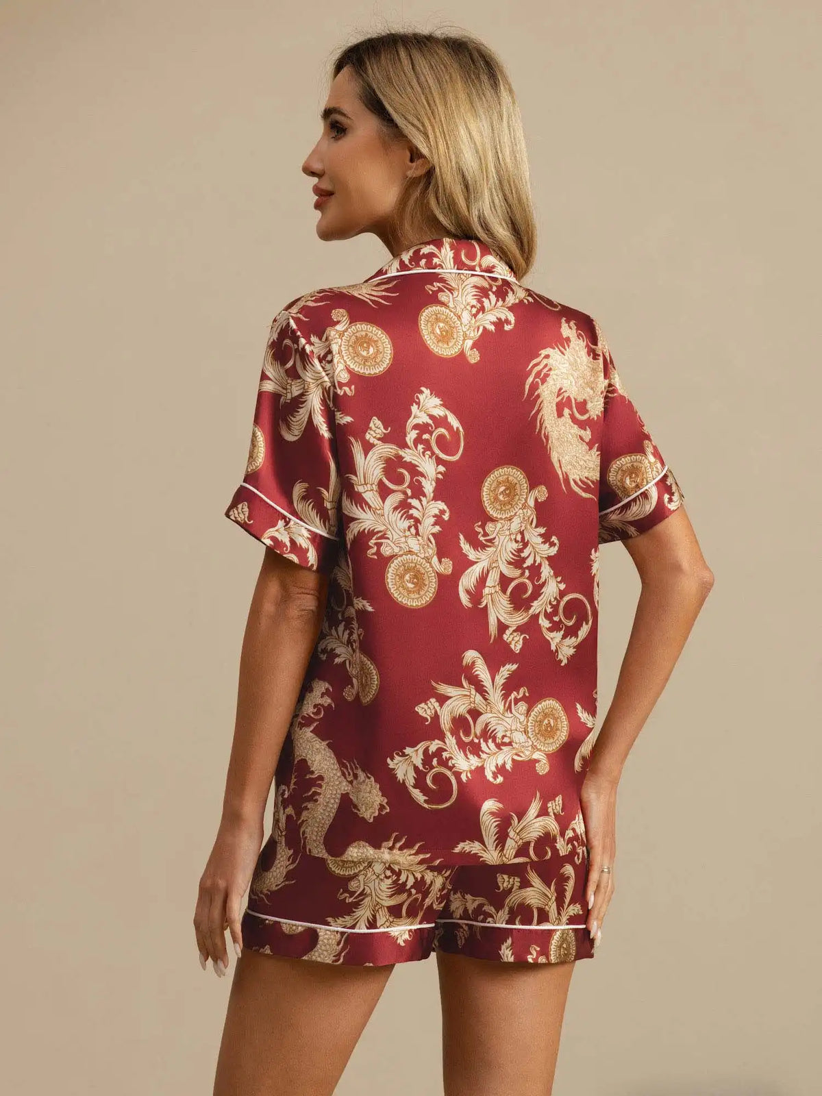 Women's 100% Mulberry Silk Dragon Print Short Sleeve Notch Collar Pajamas Set With Shorts