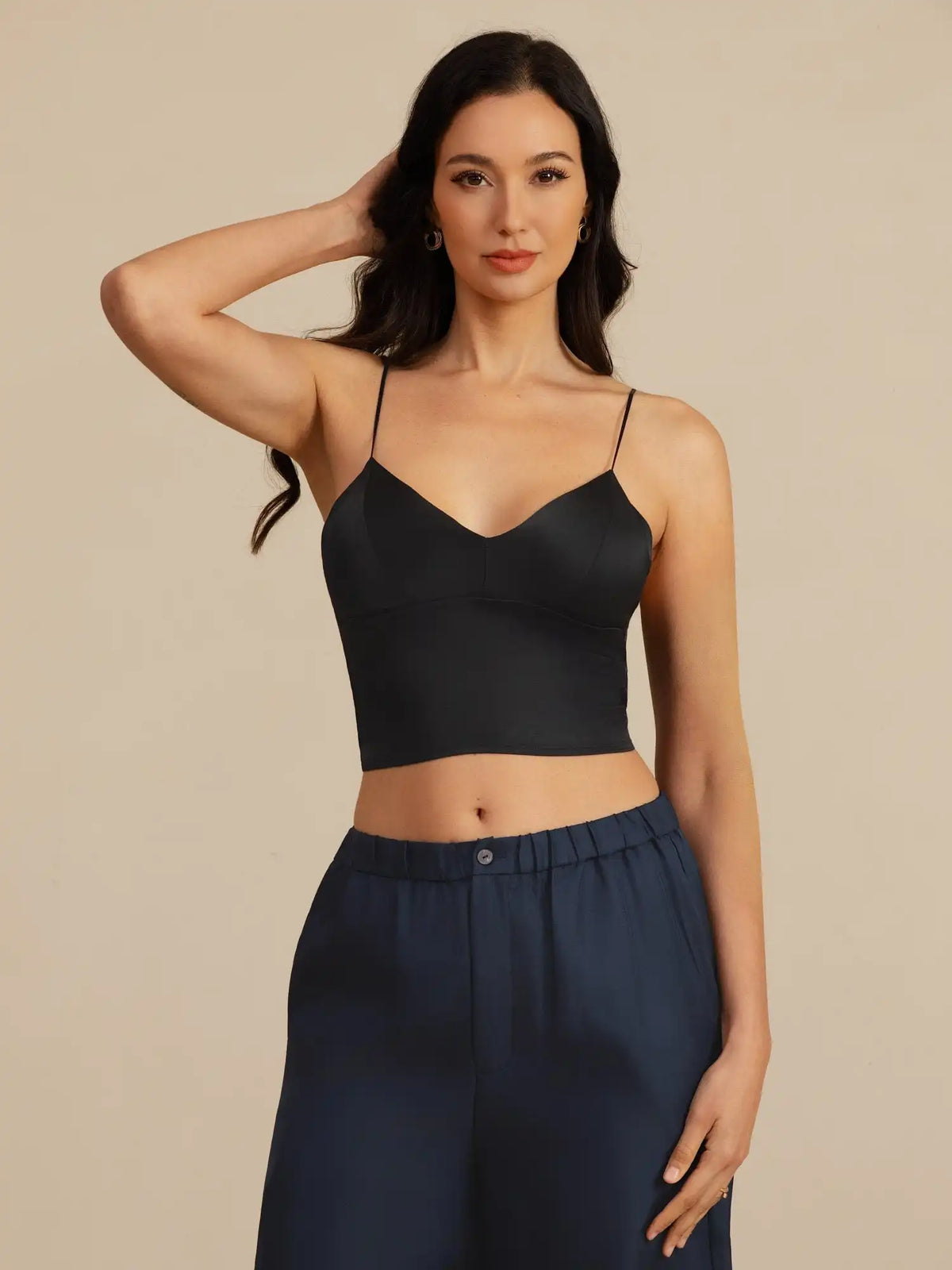 19Momme Silk Crop Top Spaghetti Strap V Neck Camisoles with Built-in Bra