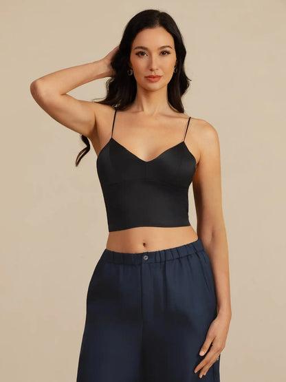 19Momme Silk Crop Top Spaghetti Strap V Neck Camisoles with Built-in Bra