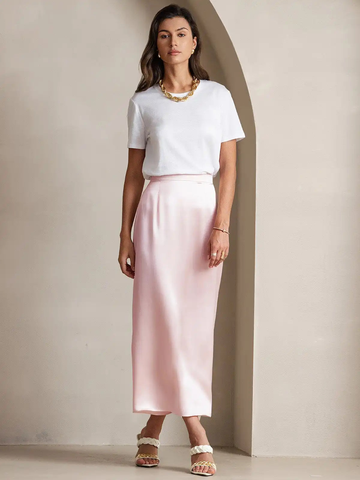Clearance - 19Momme Silk A Line Maxi Skirt with Zipper Design