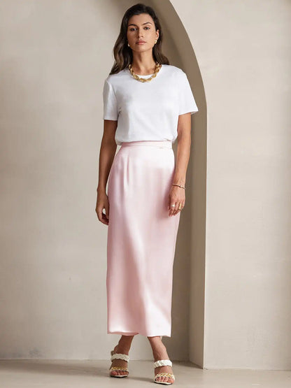 Clearance - 19Momme Silk A Line Maxi Skirt with Zipper Design