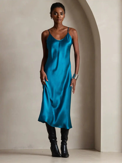 100% Mulberry Silk Spaghetti Strap V Neck Midi Dress