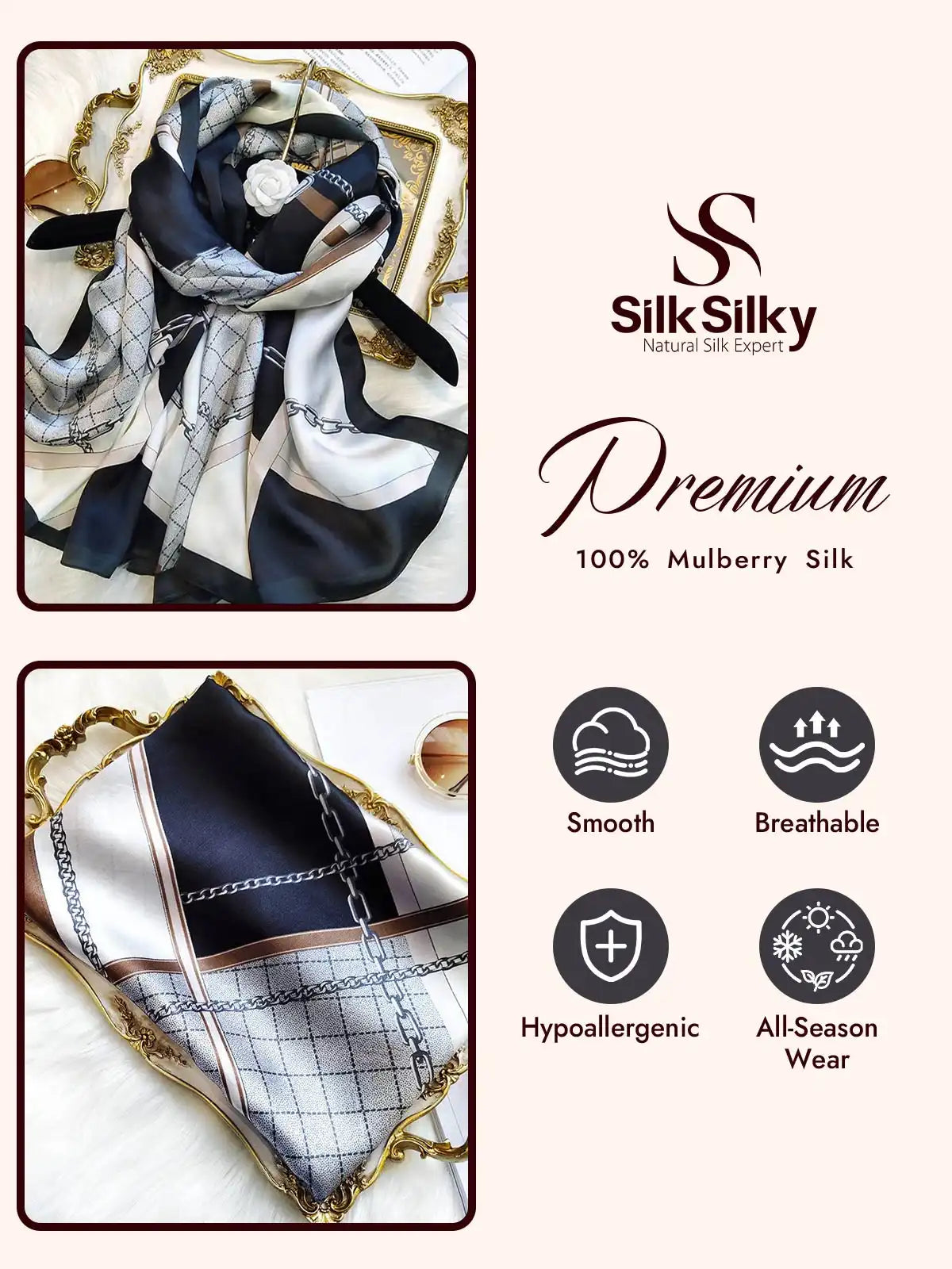 100% Mulberry Silk Printed Rectangular Long Shawl Scarf 170x53cm