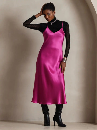 100% Mulberry Silk Spaghetti Strap Midi Long Dress