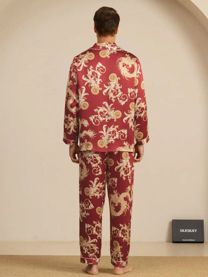 100% Mulberry Silk Men's Dragon Print  Long Sleeve Notch Collar Pajamas Set
