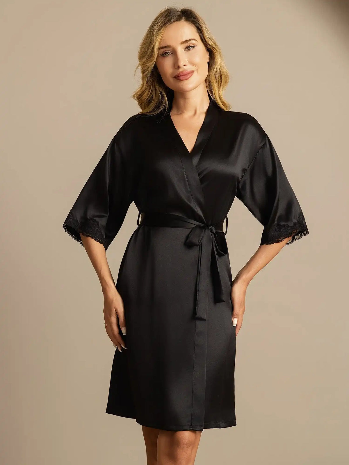 100% Mulberry Silk Basic Women's Robe with Lace Design