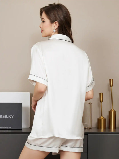 100% Mulberry Silk Short Sleeve Notch Collar Above the Knee Women's Pajamas Set