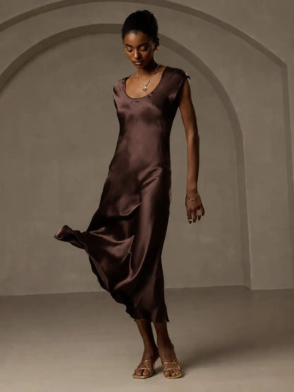 19Momme Silk Cap Sleeve Round Neck Midi Dress