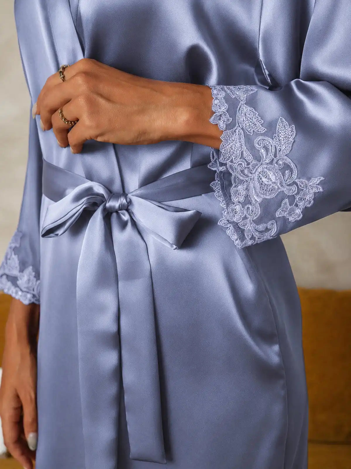 100% Mulberry Silk Lace Cuffs Robe Wrap Kimono Belted with 3/4 Sleeves