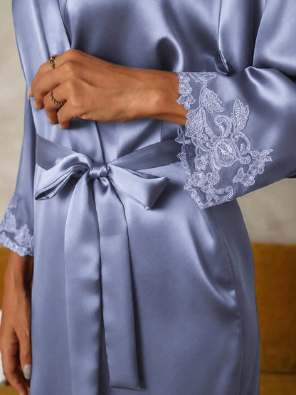 100% Mulberry Silk Lace Cuffs Robe Wrap Kimono Belted with 3/4 Sleeves