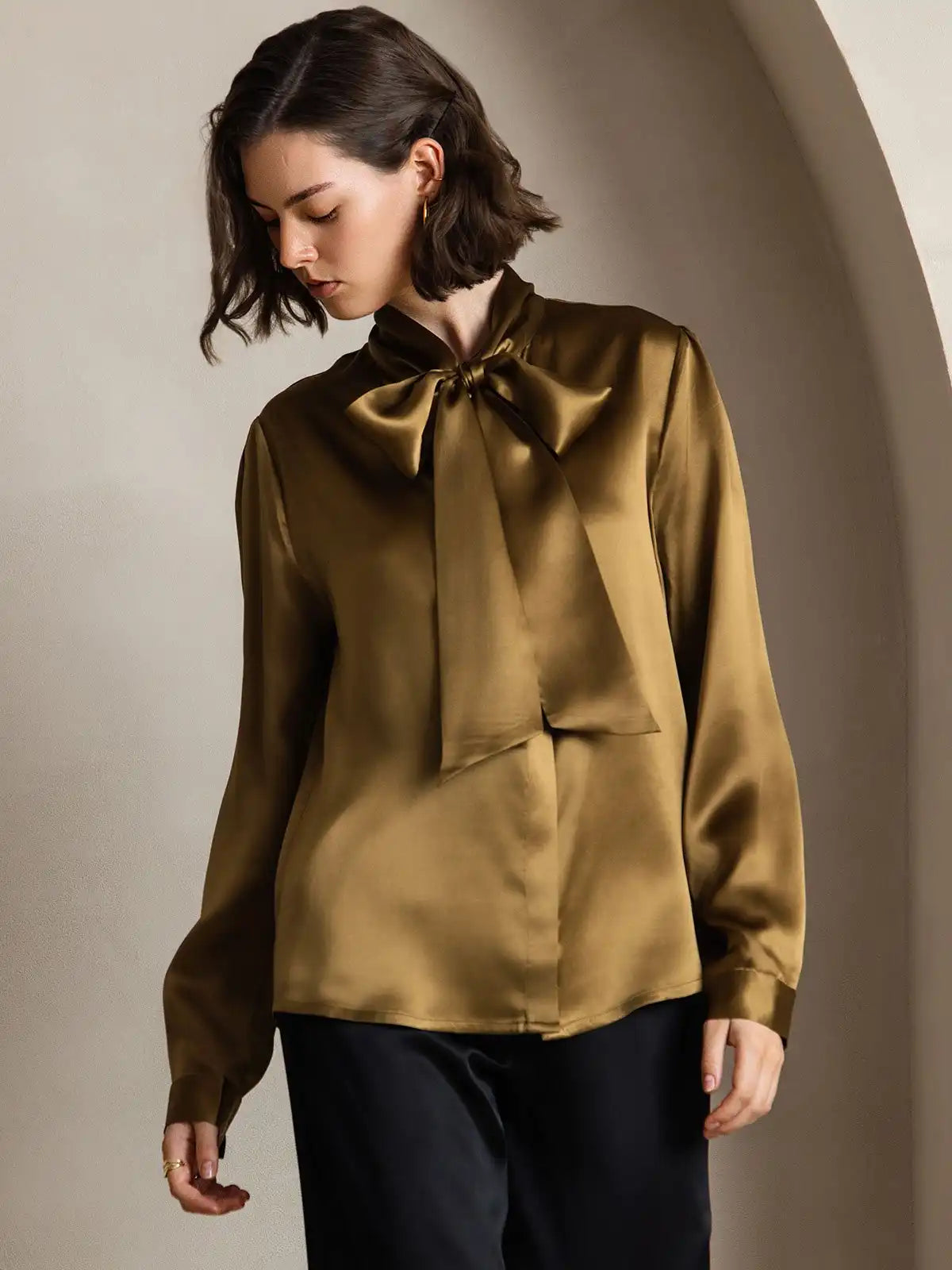 Elegant 19Momme Silk Long Sleeve Tie Neck Blouse