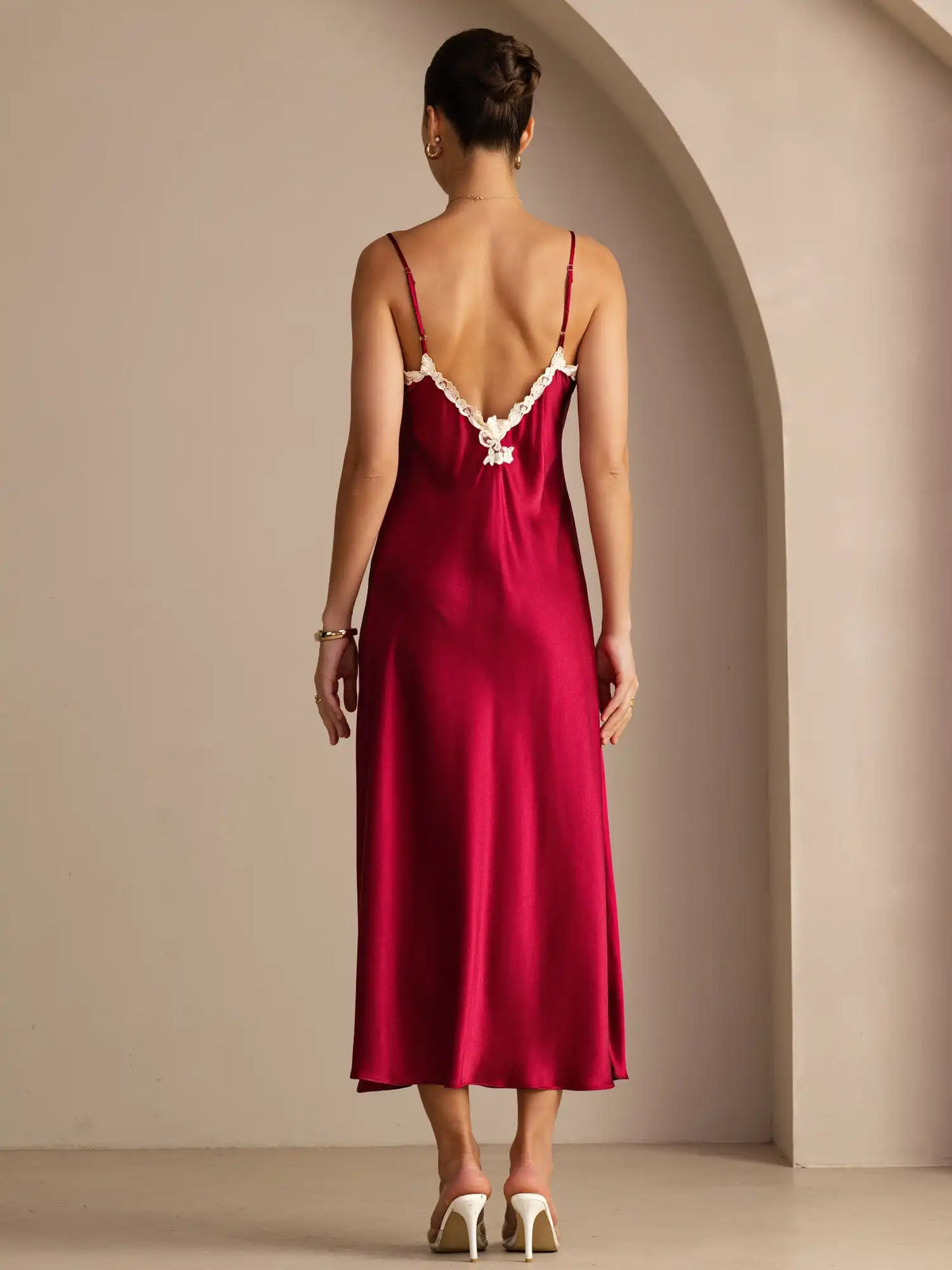 100% Mulberry Silk Spaghetti Strap V Neck Midi Dress with Lace V-Back Design