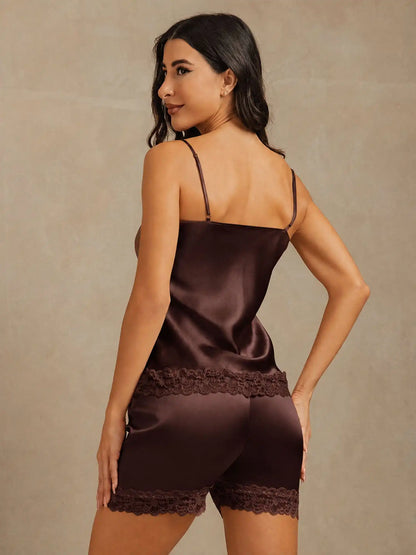 100% Mulberry Silk Lace Trim Spaghetti Strap V Neck Sexy Camisole Set