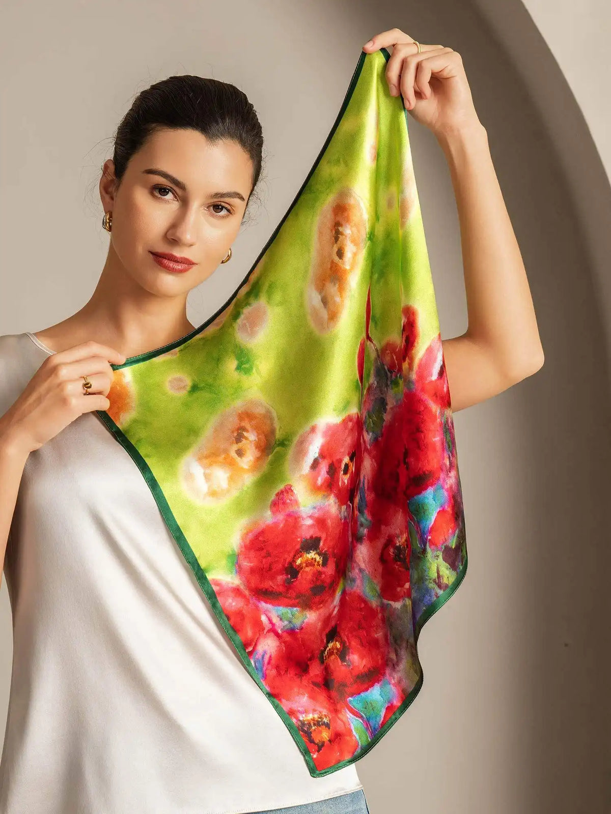 100% Mulberry Silk Flower Impression Square Scarf - Size 53x53cm