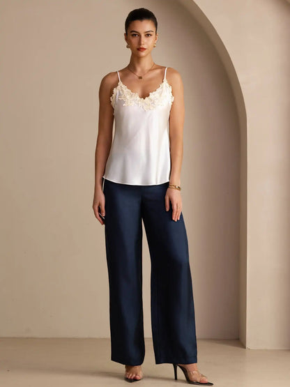 100% Mulberry Silk Spaghetti Strap  V-neck Lace Camisole Top