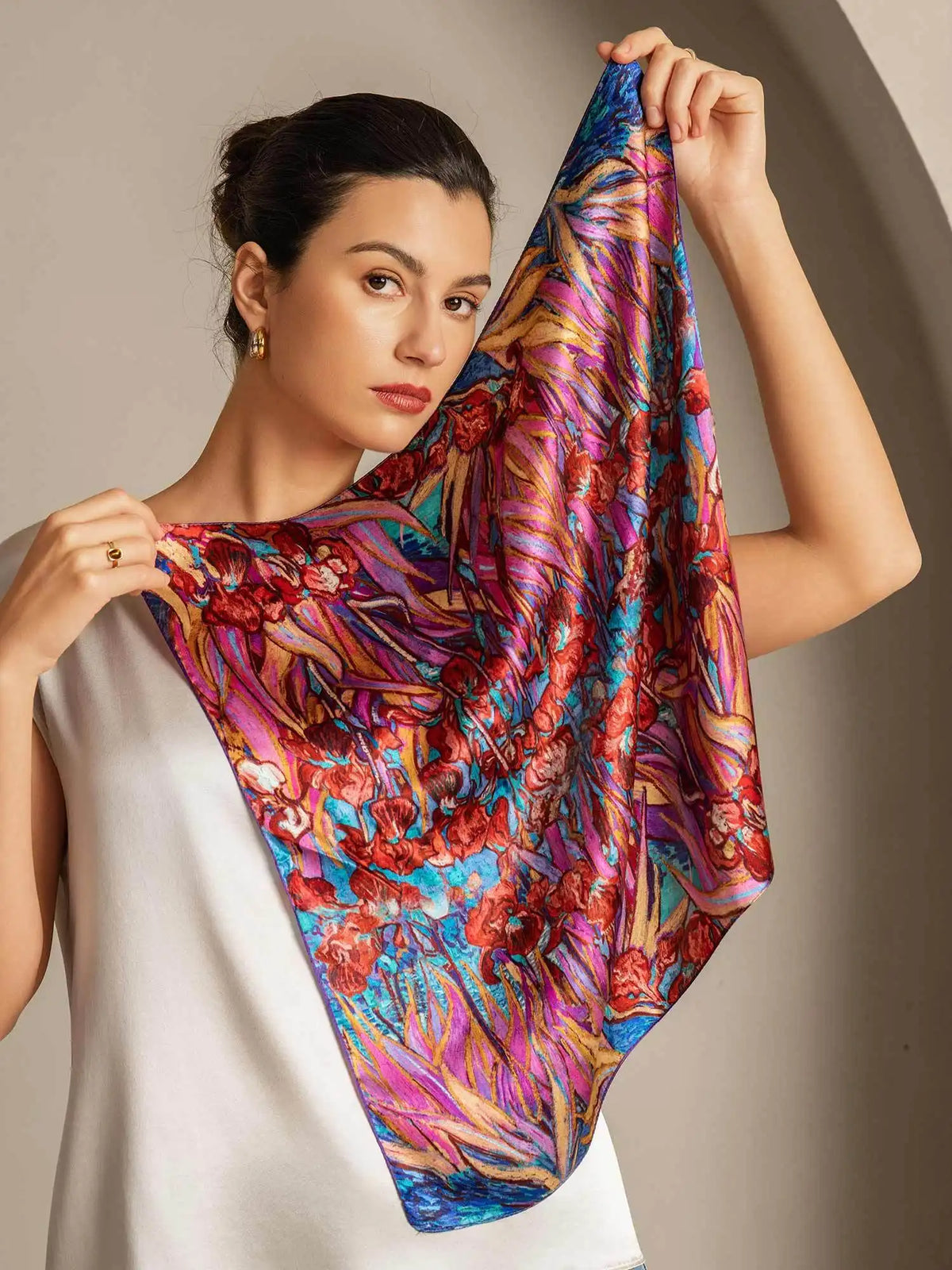 100% Mulberry Silk Floral Pattern  Square Scarf - Size 53x53cm