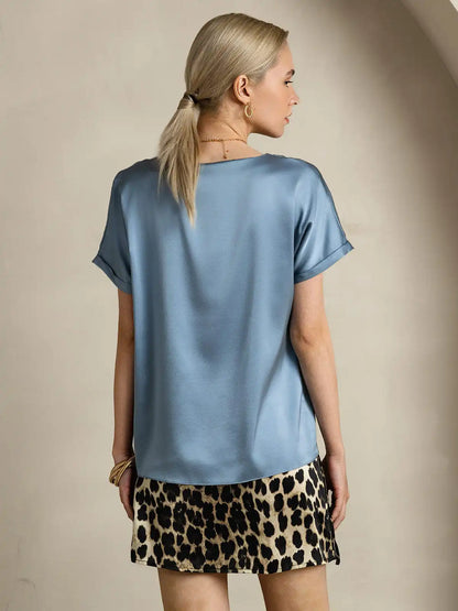 19Momme Silk Short Sleeve Boat Neck Cuffed Sleeve Women's T-Shirt