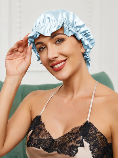 100% Mulberry Silk Sleep Cap Double Layer Bonnet with Ribbon