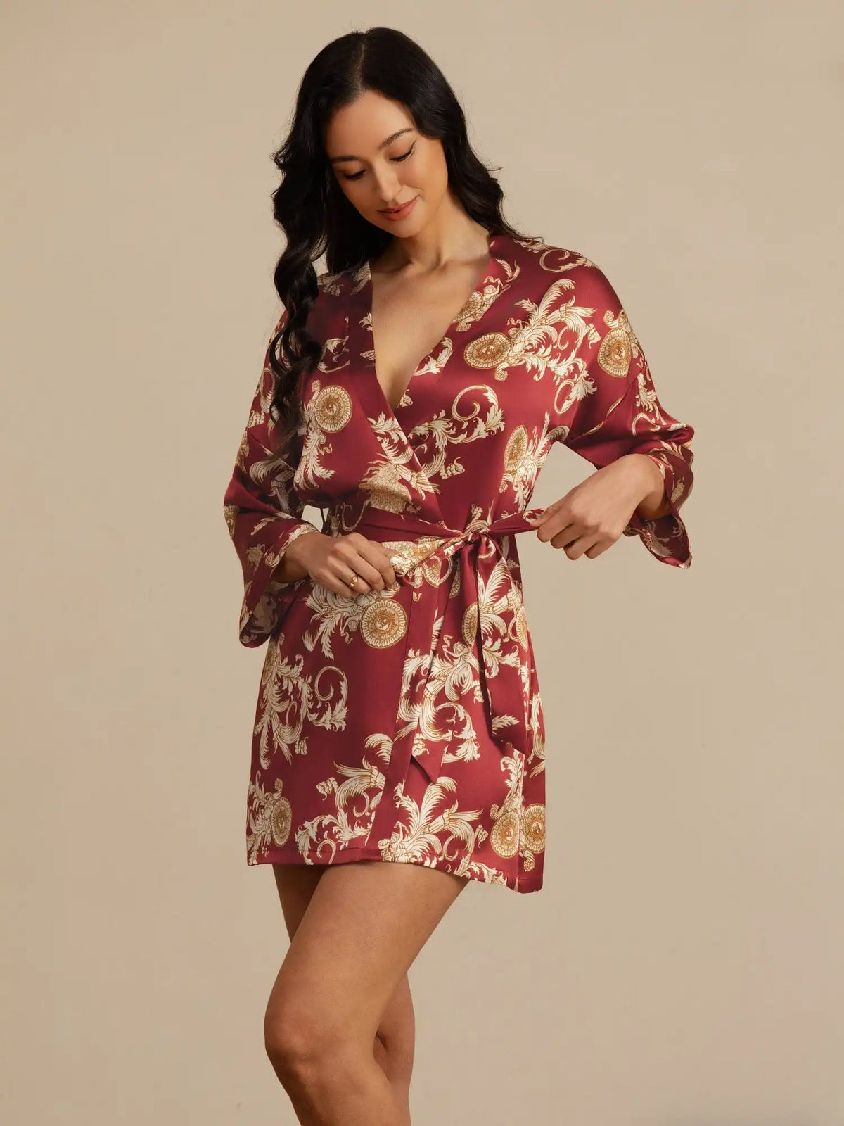 Clearance - 100% Mulberry Silk Dragon Print 3/4 Sleeve Women's Kimono Robe With Belt