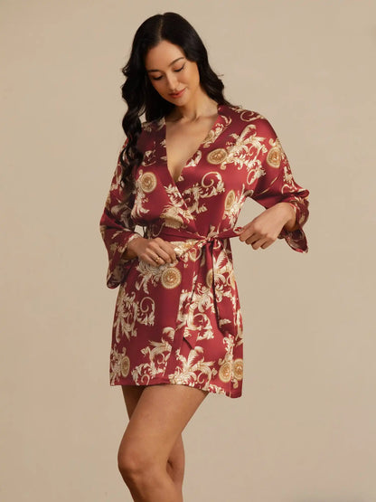 100% Mulberry Silk Dragon Print 3/4 Sleeve Women's Kimono Robe With Belt