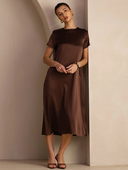19Momme Silk Short Sleeve Crew Neck  Midi Dress With Side Pockets