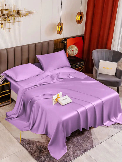 19Momme 4Pcs 100% Mulberry Silk Bedding Set Fitted&Flat Sheets+2x Pillowcases