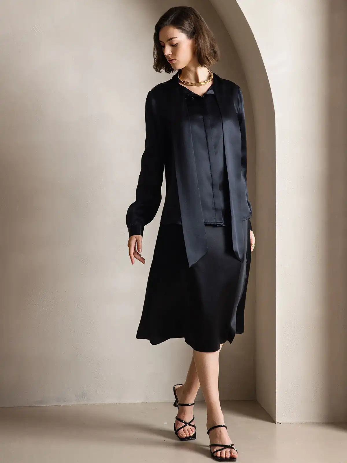 Elegant 19Momme Silk Long Sleeve Tie Neck Blouse