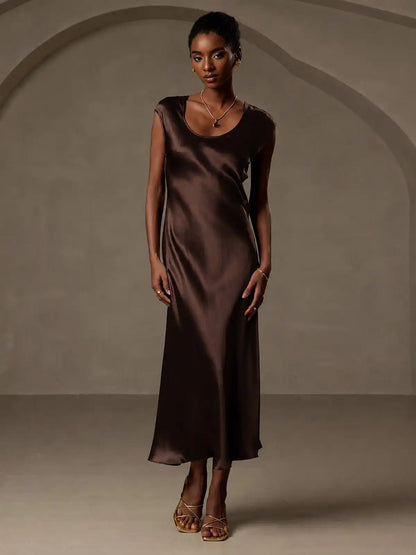 19Momme Silk Cap Sleeve Round Neck Midi Dress