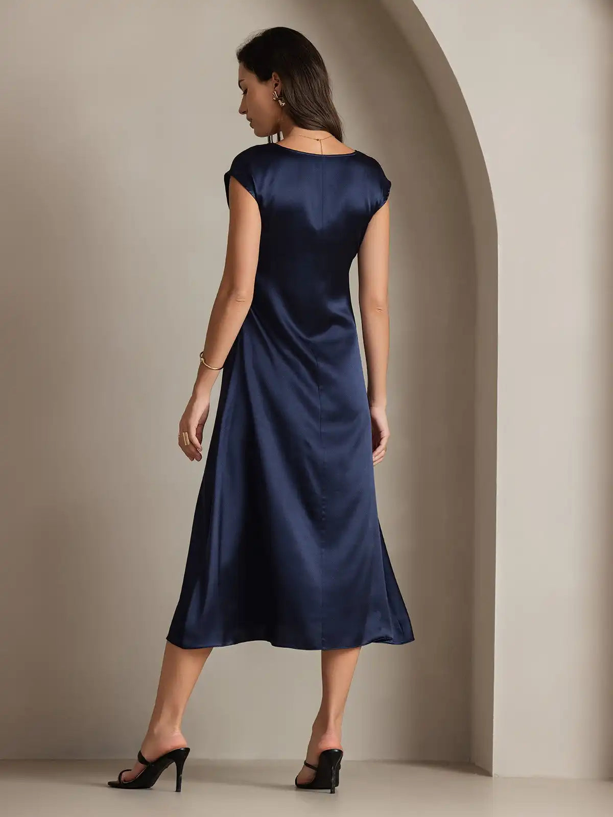 Clearance - 19Momme Silk Round Neck Cap Sleeve Midi Dress