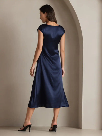 Clearance - 19Momme Silk Round Neck Cap Sleeve Midi Dress