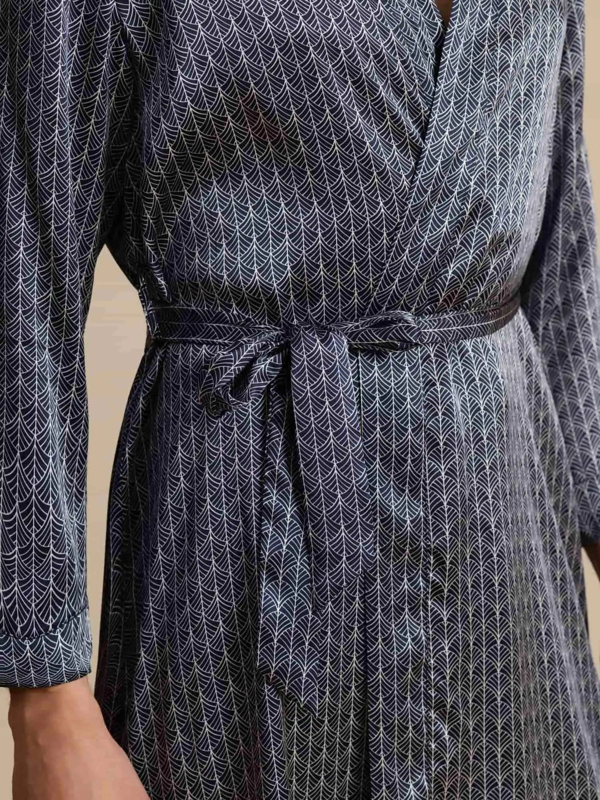 100% Mulberry Silk Men’s Knee Length Ginkgo Printed Robe With Belted Design