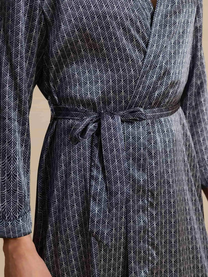 100% Mulberry Silk Men’s Knee Length Ginkgo Printed Robe With Belted Design