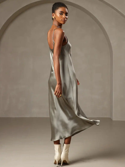 100% Mulberry Silk Spaghetti Strap Midi Long Dress