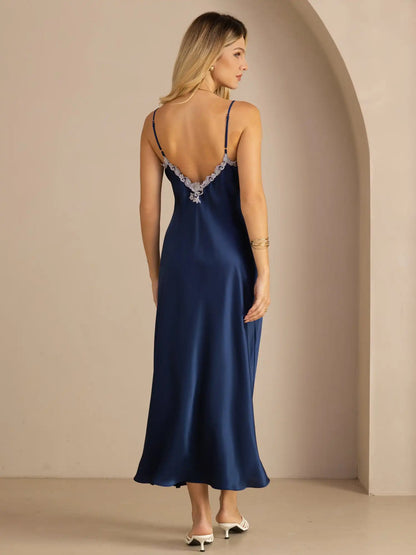 100% Mulberry Silk Spaghetti Strap V Neck Midi Dress with Lace V-Back Design