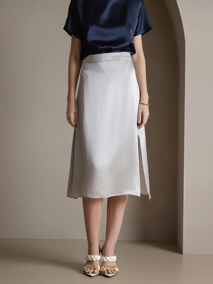 Clearance - 19Momme Silk A Line Long Slit Skirt with Zipper Design