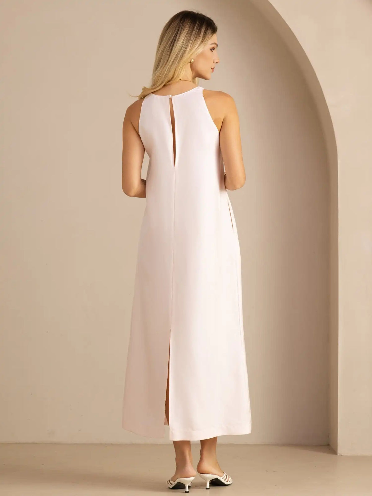 100% Mulberry Silk Crew Neck  Sleeveless Self-Tie Midi Dress