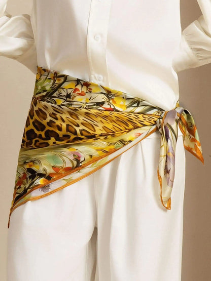 100% Mulberry Silk Leopard & Floral Scarf - Size 90x90cm