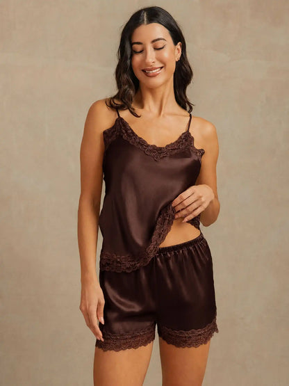 100% Mulberry Silk Lace Trim Spaghetti Strap V Neck Sexy Camisole Set