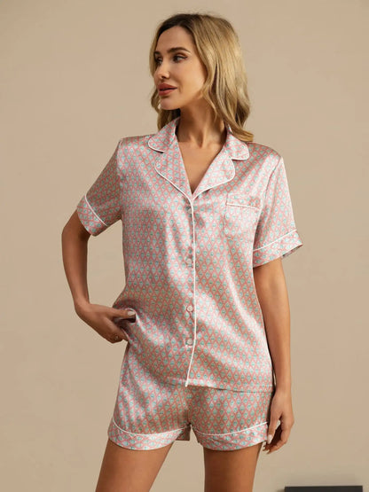 Clearance - 100% Mulberry Silk Geometric Print Short Sleeve Notch Collar Women's Pajamas Set