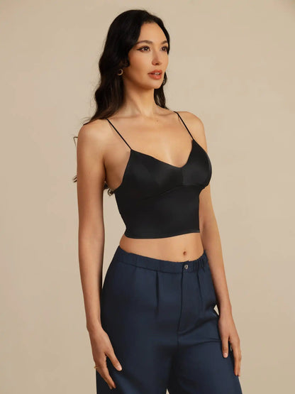 19Momme Silk Crop Top Spaghetti Strap V Neck Camisoles with Built-in Bra